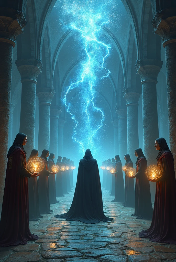  Elren, an elven wizard already consumed by darkness with a darkened gaze, is confronted by elven wizard elders wearing light cloaks with magical rune symbols, making a great explosion of Elfin magic and energy in a large stone hall., filled with magical symbols and illuminated by floating light globes. The White Elders of Elf Wizards, with stern expressions, reprimand Elren, who stares at them with a defiant look and a dangerous glint in his eyes. in a medieval era