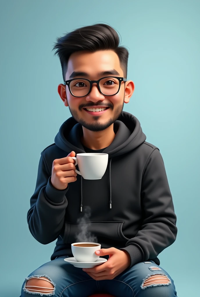 4d caricature style ,Indonesian man,30 years,neat short hair,glasses,thin moustache and beard,wearing a black hoodie vest,ripped jeans,sitting enjoying coffee,plain light blue begron,hyper realistic,ultra detail,super image quality,16k,ultrahd
