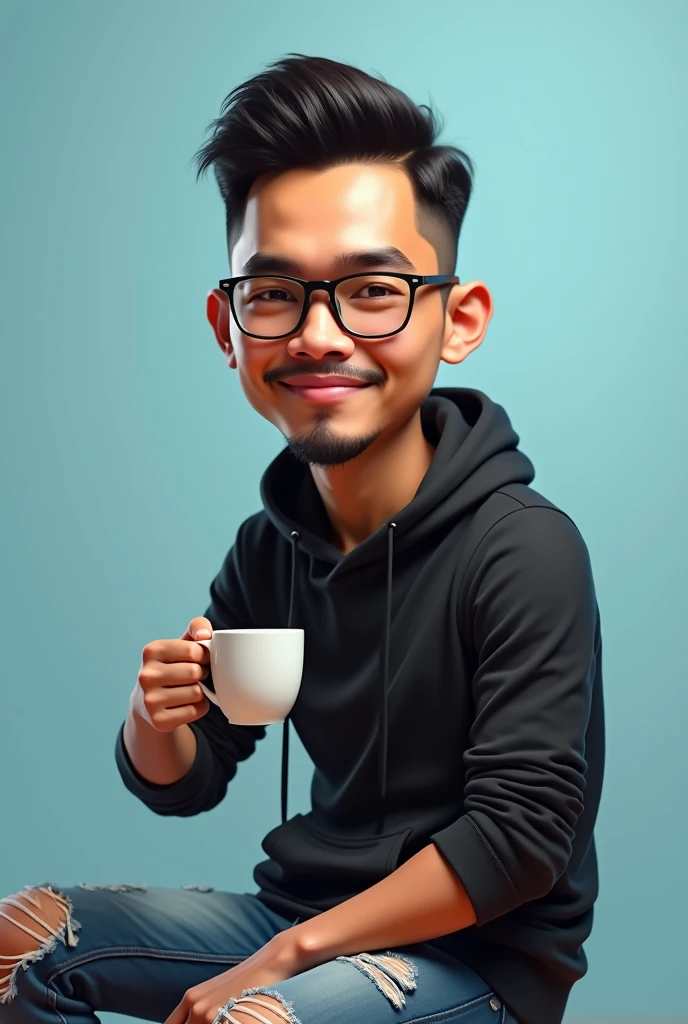 4d caricature style ,Indonesian man,30 years,neat short hair,glasses,thin moustache and beard,wearing a black hoodie vest,ripped jeans,sitting enjoying coffee,plain light blue begron,hyper realistic,ultra detail,super image quality,16k,ultrahd