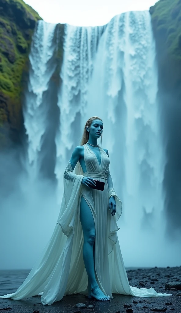 a woman standing in front of a waterfall, kpop star, flowing robes, instagram model, panoramic view of girl, mayan style, she has pale blue skin!!!, her hand is on her waist, her face flushing and sweat, wearing bathrobe clothing, smartphone photo, event, uncropped