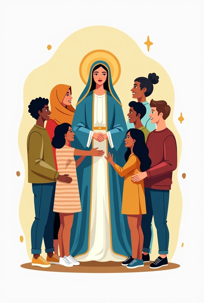 Create a cartoon-style logo design featuring the Virgin of Mercy (Virgen de las Mercedes) in a central, prominent position. She should have traditional attributes such as a serene expression, flowing robe, and halo, but rendered in a simplified, clean, and bold style suitable for a shirt logo. Surrounding her, include a diverse group of young people, each with distinct, modern attire, interacting with her in a respectful and joyful manner. The young people should be stylized and simplified to match the logo aesthetic. The background should be minimal or plain to keep the focus on the central figures and ensure the design is adaptable for printing. Use vibrant, contrasting colors that will stand out on various shirt colors. Ensure that the overall composition is balanced and visually appealing, with clean lines and minimal detail to fit well on a shirt design.