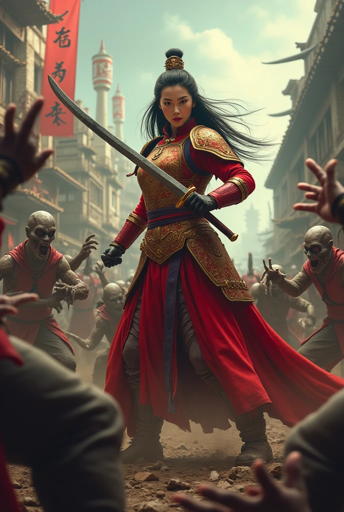 Draw me Mulan fighting the zombies from the movie "Zombie Station "
