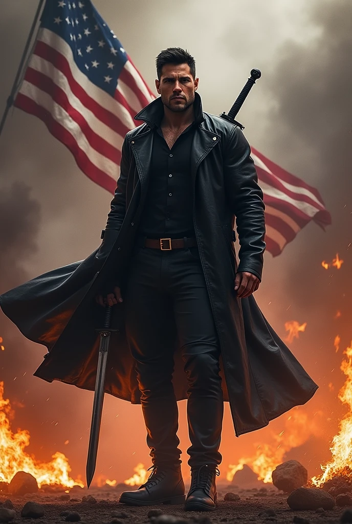 Medium build male with short black hair wearing black shirt pants and black boots with black leather trench coat smoke and fire with American flag background holding sword