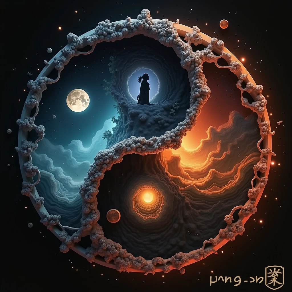 Yin Yin Yin is a symbol of balance and, yin and yang, Stunning contrasting background, universe, yin yang, Taoism, universe多彩的终极月门, yin and yang形, author：Yang J, Chinese Fantasy, Digital Art Pictures, Stunning digital art, two moons in sky, Amazing composition, Digital art high quality, Gorgeous background
