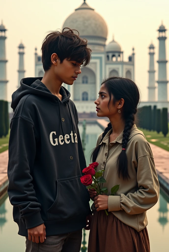 A 1 boy, hear top ,style , hoodie , black durty clothes , and handsome boy, side at one girl hend in 🌹
in name Geeta , doing lattering , One rupee in hand, weaping , t shirt on writing bold name Geeta whe background tajmahal ,real pic very smail in name Geji rai