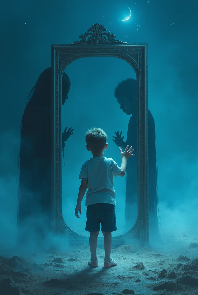 Generate an image of a adult men standing in front of mirror touching the mirror,and the boy is in space,and the space is all blue in colour,and a shadow from behind that pulling him away from the mirror,and the mirror image is trying to pull the boy on itself.