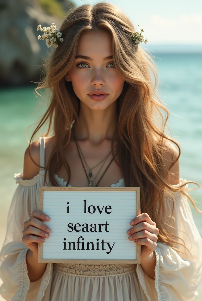 Beautiful girl with wavy long hair, bohemian dress, holding a white board with text "I Love Seaart Infinity" and showing it to the viewer