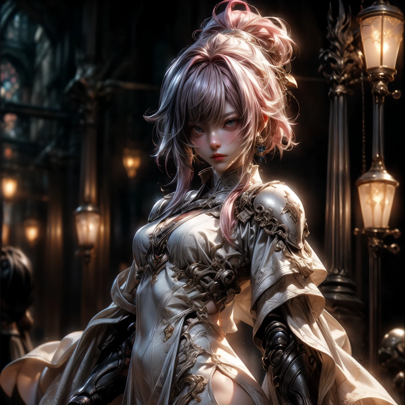 (best quality)), ((Masterpiece)), (details:1.4), 3d, HDR (high dynamic range), an image of a beautiful cyberpunk female, Medieval, Fantasy, Pink hair, Curtain Bangs, Beautiful White eyes, จมูกโด่ง, ปากแดง, หน้าอกใหญ่, nvidia RTX, PBR surface, After processing, Anisotropic filtration,depth of field, Maximum clarity and clarity, multi-layered surface, Subsurface scattering, perfect proportions, 8K raw files, ultra detailed, Perfect proportions, volumetric lighting, soft lighting, Holy Paladin, Heavy Golden Armor, White dress, glossy skin, intricate Silver embroidery, Castle Hall background, jewely, ต่างหู, นิ้วมือสมบูรณ์,