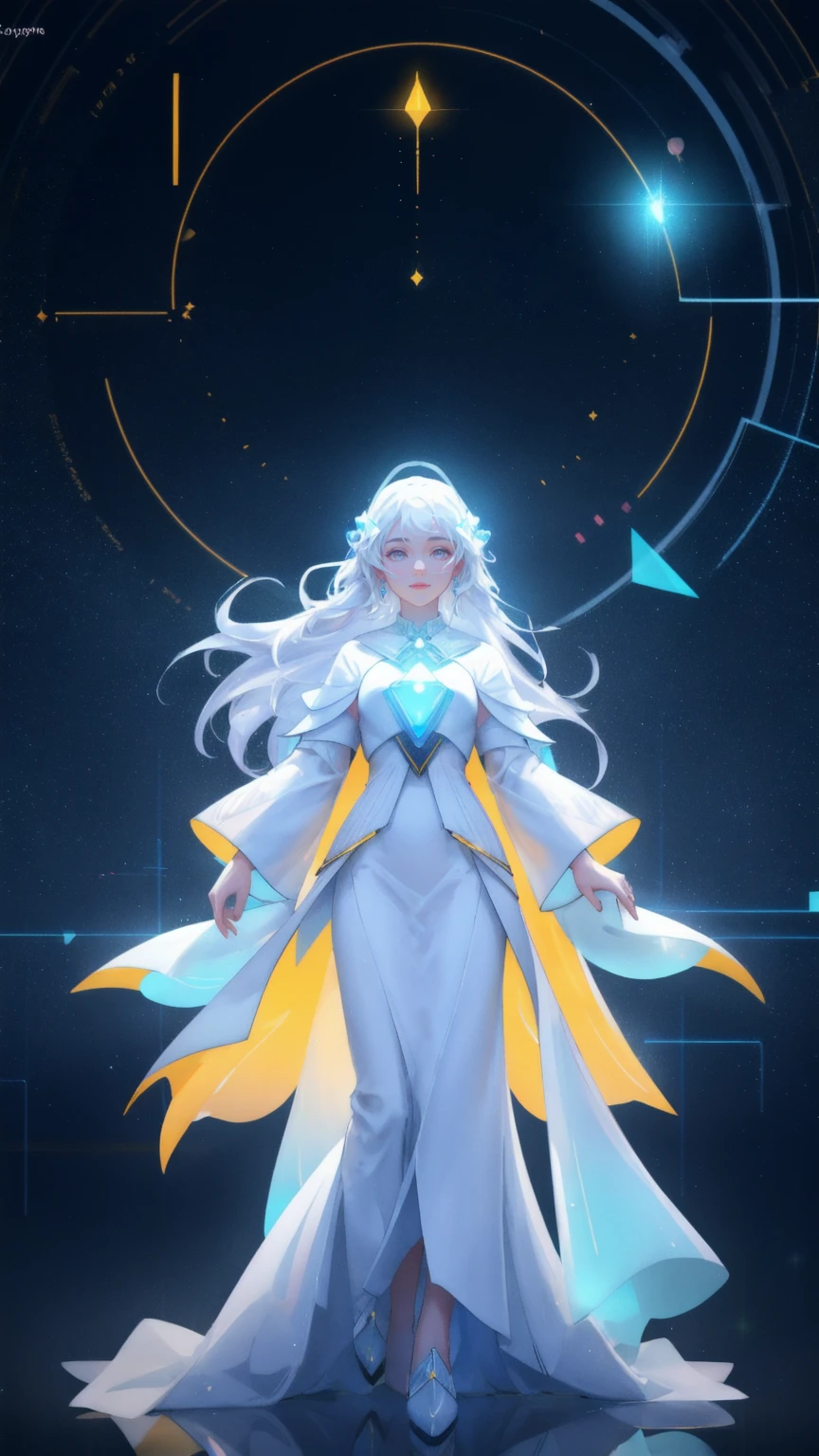 A radiant, charismatic woman dressed in an elegant white suit, symbolizing the "HODL Faith Healer," standing confidently in a futuristic cityscape illuminated with glowing blockchain networks and digital light trails. She has a serene and uplifting expression, extending her hand forward as if guiding followers toward financial enlightenment and crypto wisdom. Around her, multiple glowing geometric shapes and holographic elements float, representing decentralized finance and blockchain technology. The background is a vibrant yellow, filled with sparkling lights and data streams, reflecting a theme of prosperity and hope in the crypto world.