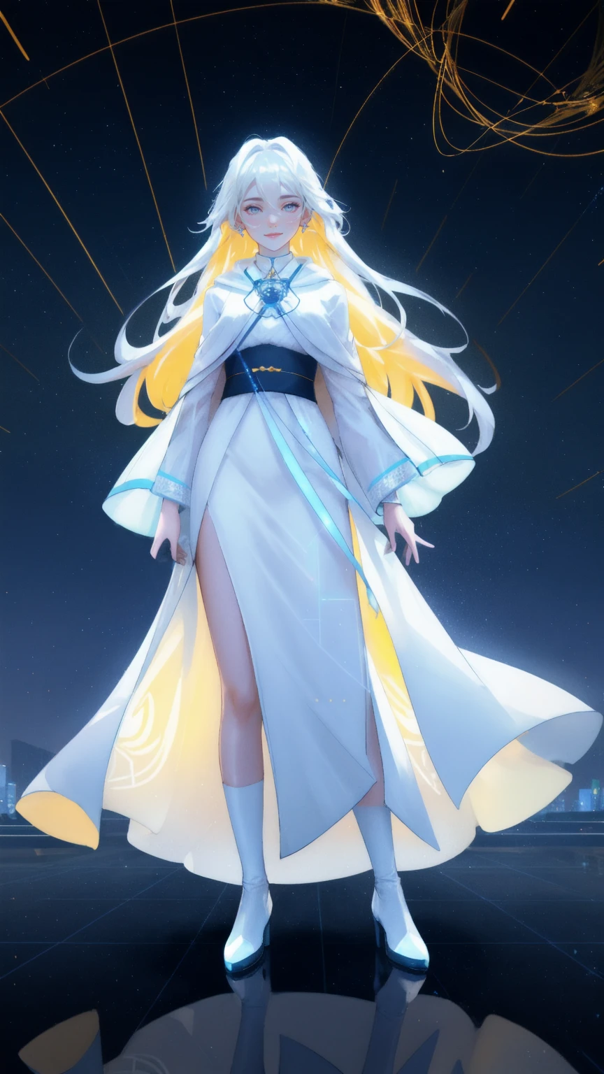A radiant, charismatic woman dressed in an elegant white suit, symbolizing the "HODL Faith Healer," standing confidently in a futuristic cityscape illuminated with glowing blockchain networks and digital light trails. She has a serene and uplifting expression, extending her hand forward as if guiding followers toward financial enlightenment and crypto wisdom. Around her, multiple glowing geometric shapes and holographic elements float, representing decentralized finance and blockchain technology. The background is a vibrant yellow, filled with sparkling lights and data streams, reflecting a theme of prosperity and hope in the crypto world.
