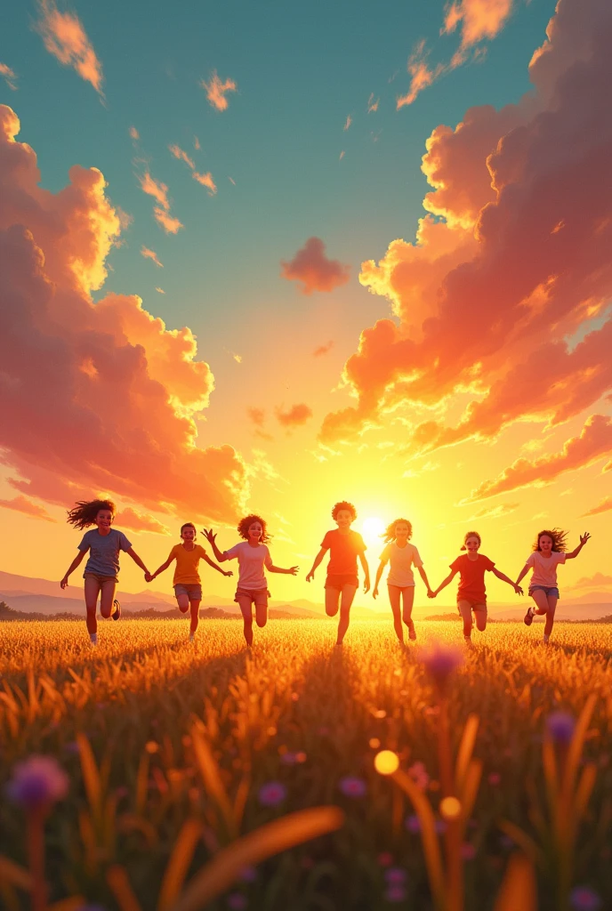 teenagers playing in a yellow field on a late afternoon orange sunset