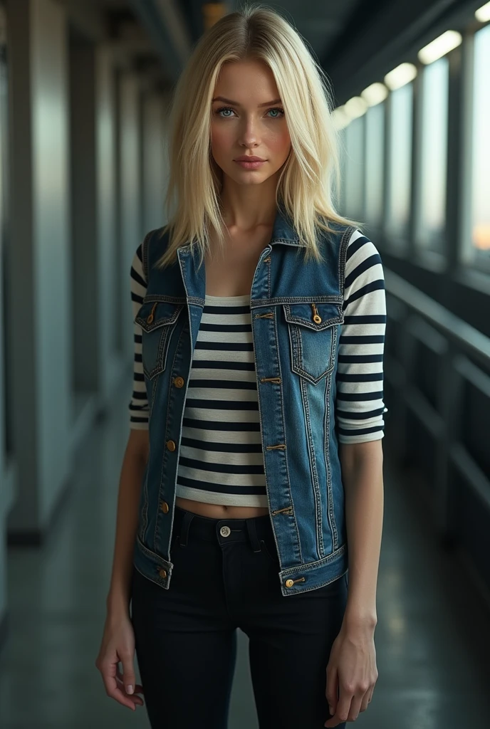 「Dragon Ball Z」Create a realistic and photorealistic image of Android 18 in。she、She has straight, shoulder-length blonde hair and piercing blue eyes.、Depicted as a stunningly beautiful woman。Her expression is calm and confident.、Smiling slightly。she、Reflecting her iconic outfit、Wearing a denim vest over a black and white striped shirt、Wearing tight black pants。Her skin turns pale、Perfect、It has a slightly cool hue。Background、With metallic textures and soft lighting that accentuate her features.、Should be in a modern, industrial setting。The overall atmosphere is intense and slightly futuristic.、It captures her strong and calm demeanor.。