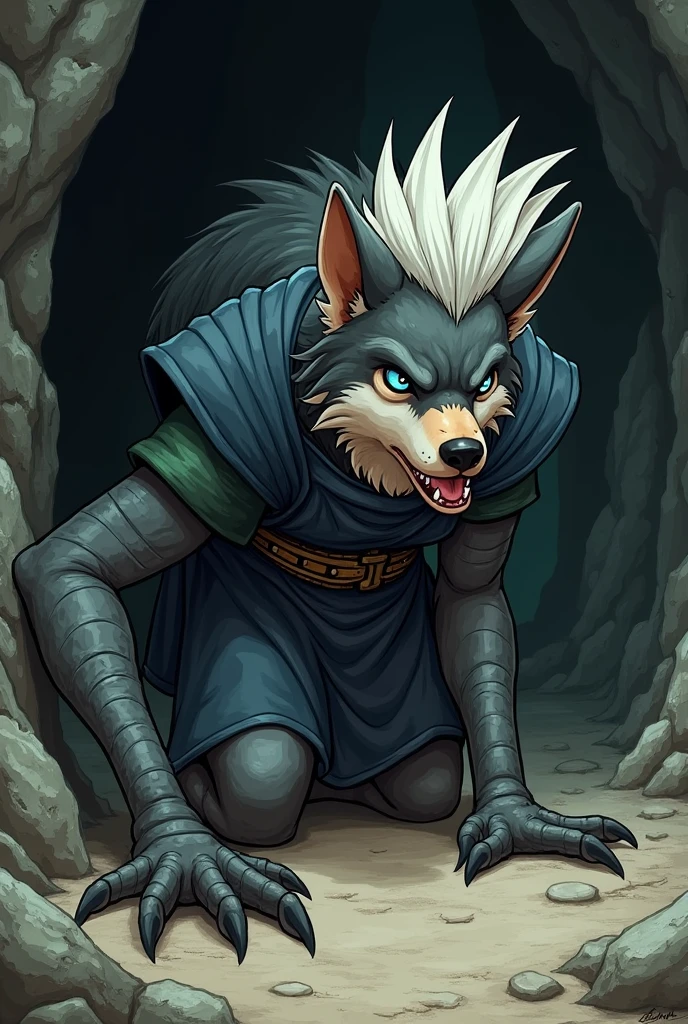 An anthropomorphic youthful slender  wolf cub with black and white fur, blue eyes and a striking white mohawk hairstyle wears a dark blue, baggy medieval tunic shirt with dark green, T-shirt-like short sleeves. in animated drawing style. He finds himself in a dark, dark cave. A huge evil monstrous lizard creature, which is significantly larger than the wolf cub, has already grabbed the panicked wolf cub by the head and is pressing him firmly to the cave floor with his claws. The monster drools, while trying, to devour the wolf cub. animated drawing style
