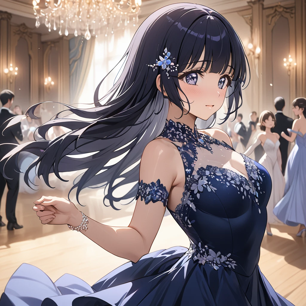 ((Highest quality)), ((masterpiece)), (detailed), （Perfect Face）、The woman is Reika Aoki with semi-long hair、A woman is wearing a ballroom dance costume at a ballroom and dancing gracefully and beautifully.