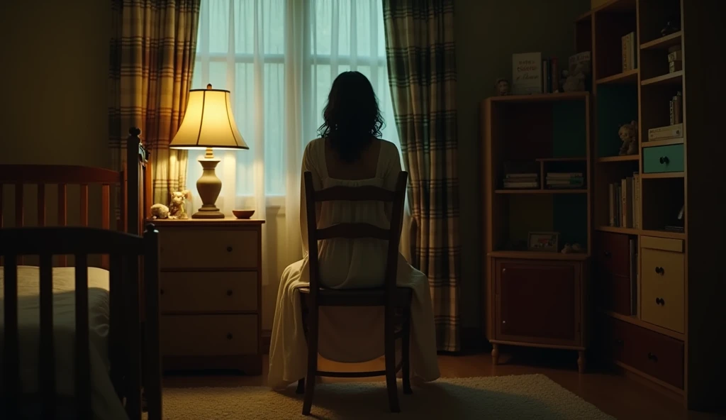 Cinematic, A dimly lit bedroom scene captured in a late evening ambiance. The central focus is on a woman sitting on a wooden chair, dressed in a long, flowing nightgown. Her figure is positioned with her back facing the viewer, partially illuminated by a soft, warm glow from a nearby table lamp placed on a nightstand. The light casts shadows that play against the room's details. On the left side of the scene, a baby crib is visible, holding a small stuffed animal, suggesting a child's presence. The background features a plaid-patterned curtain in shades of green, red, and beige behind the woman, adding a homely atmosphere. To the right, a bookshelf with various colored compartments is partially visible, adding a splash of color to the muted tones of the room. The overall mood is quiet and introspective, with a subtle hint of mystery