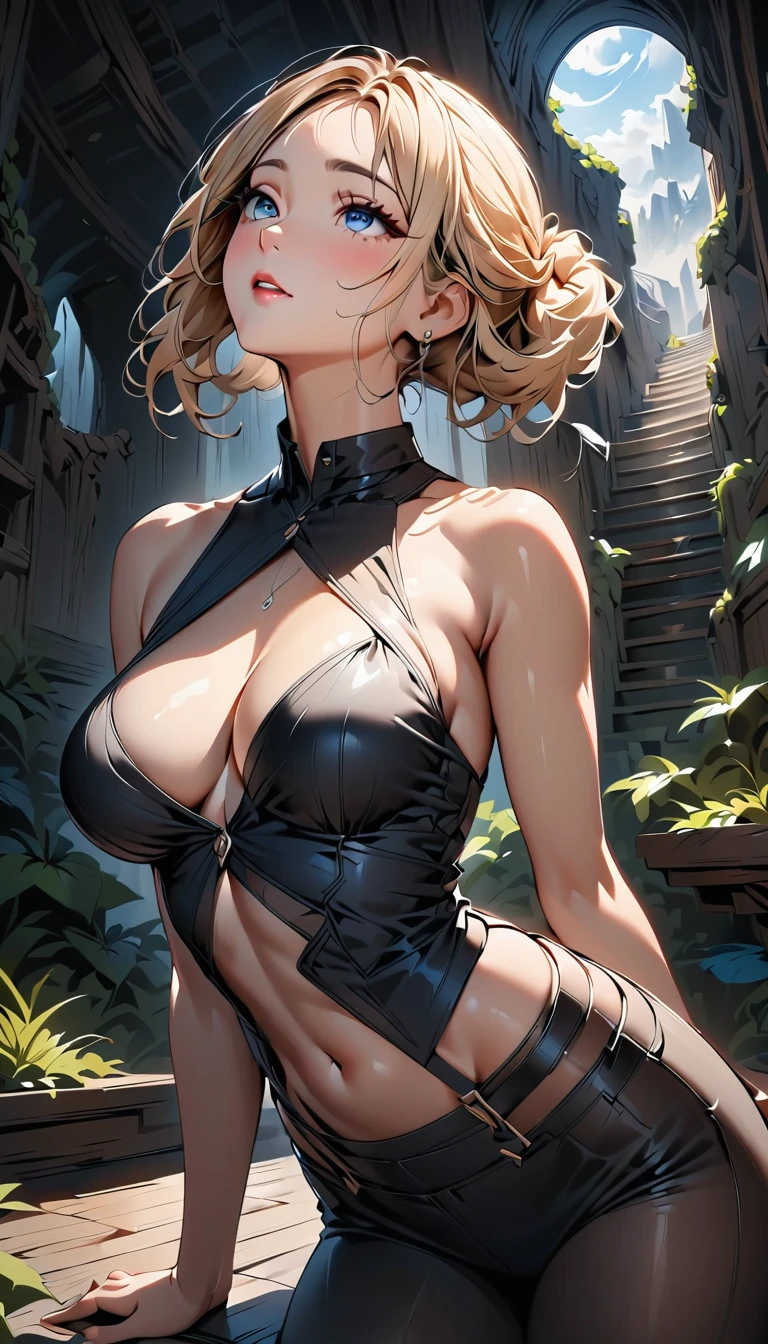 (high quality, 8k, 4K, High Contrast, masterpiece:1.2, 最high quality, Best aesthetics),((最high quality, 8k, masterpiece :1.3)), One girl, Beautiful woman with slim abdominal muscles :1.3, (Random Hairstyles, ), , indoor, Highly detailed face, Detailed eyes, double eyelid , Glowing Skin, Her breasts are sticking out a little, Accentuate your feminine figure, Create an attractive and inviting posture, Beautiful legs,, blush, Embarrassment, Realistic skin texture, look up,valley, Browsing Caution, , Low angle shot, , 40 denier black tights,
