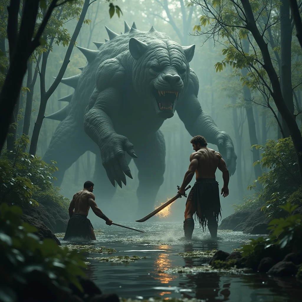 Hercules fighting the Hydra, covered in lion skin, Ancient Greece, swampy and dark marshland, chopping off the Hydra's heads while his nephew Iolaus cauterizes the wounds, poisonous fumes rising around them, wide shot, hyper-realistic, photo realism, cinematography --ar 1:1