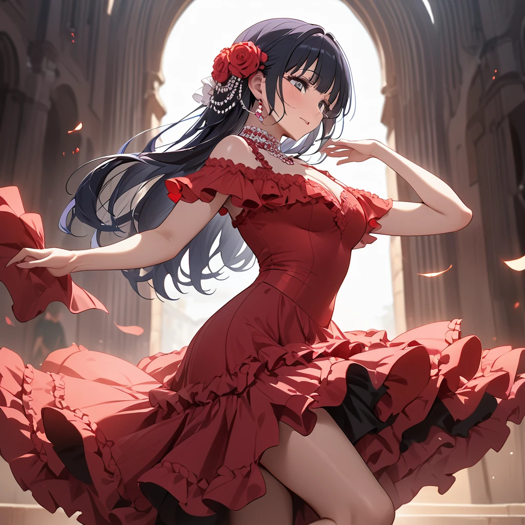 ((Highest quality)), ((masterpiece)), (detailed), (Perfect Face)、The woman is Reika Aoki with semi-long hair、Woman dancing flamenco passionately in flamenco dress in Spain