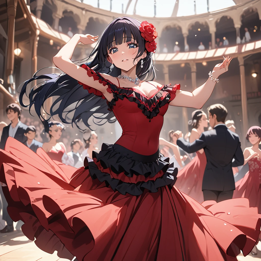 ((Highest quality)), ((masterpiece)), (detailed), (Perfect Face)、The woman is Reika Aoki with semi-long hair、Woman dancing flamenco passionately in flamenco dress in Spain