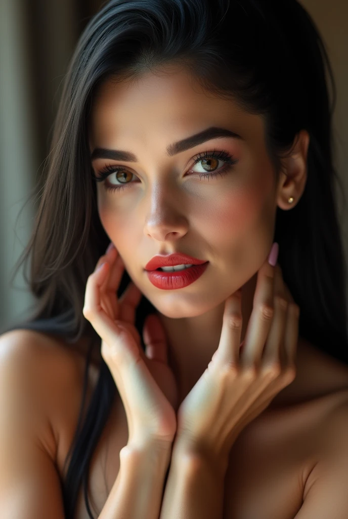 close-up, extreme close-up, close-up portrait, portrait, close-up on her lips, ultra realistic, photography, long black straight hair in a ponytail, elegant perfect hair, (30 years old, hazel eyes, hourglass figure, perfect fit body, natural big breasts), firtatious look, crimson red lipstick, femme fatale, she is a sex icon, she is a sex goddess, long eyelashes, cat-eye make-up, she is completely nude, she is completely naked, focus on her lips, highlight her lips, she has her hands on her neck and her head slightly leans backwards, her eyes focus the camera and her lips are slightly parted,