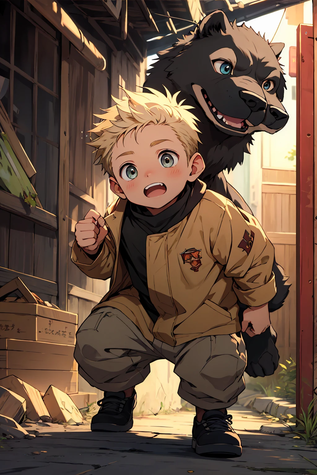 (masterpiece, Highest quality), 1. Boy，young，Eyes Wide Open，Large Eyes，Baby Face，Teenage Face，Child&#39;s face，naked，smile，Tan Skin，Short white hair，big, Sharp wolf ears，flat jaw，nakedのPectoral muscle，Short fine hair，The color is very light,Golden Eyes, Complex， naked，Clear Brief,Pectoral muscle（Abdominal muscles），Bright colors,(Depth of written boundary:1.2),(Abdominal muscles),naked足，View your viewers，close，Stand next to a tree，Wear a collar around your neck，Full body photo,Huge muscles