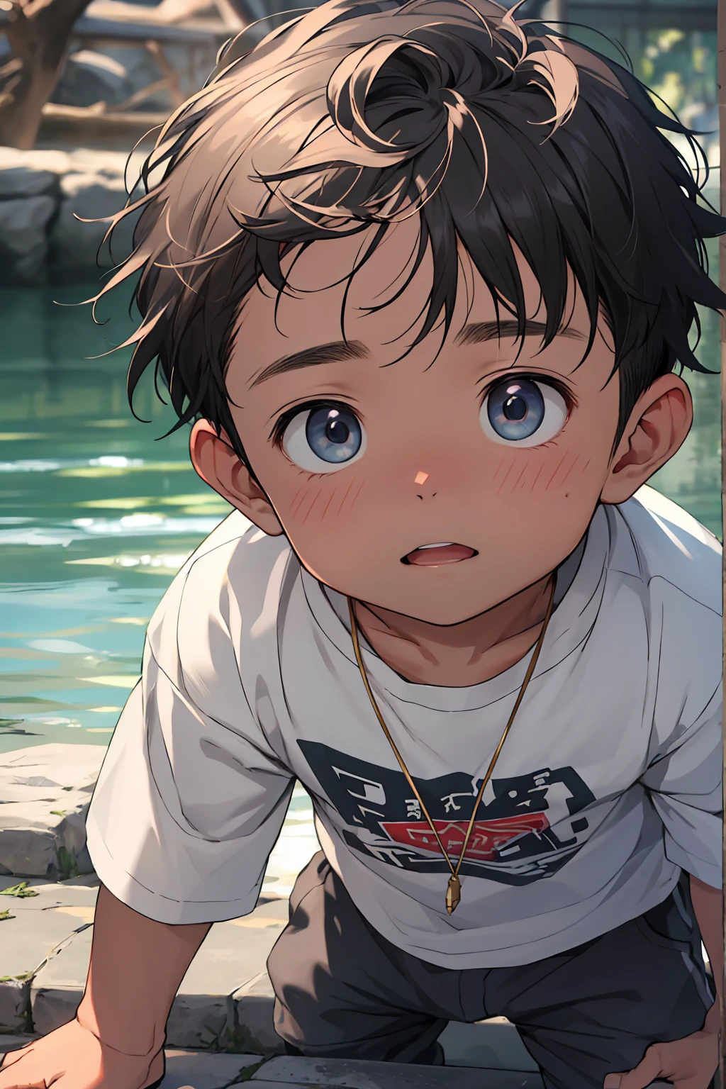 (masterpiece, Highest quality), 1. Boy,young,Eyes Wide Open,Large Eyes,,Teenage F9;s face,nakele,Tan Skin,Short white hair,big, Sharp wolf ears,flat jaw,nakedのPectoral muscle,Short fine hair,The color is very light,Golden Eyes, Complex, naked,Clear Brief,Pectoral muscle(Abdominal muscles),Bright colors,(Depth of written boundary:1.2),(Abdominal muscles),naked足,View your viewers,close,Stand next to a tree,Wear a collar around your neck,Full body photo,Huge muscles