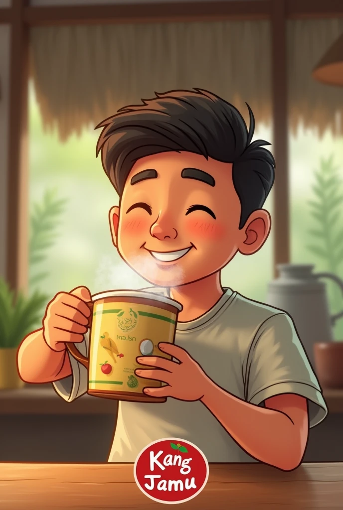 Animation of man holding a mug of jamu with logo KANG JAMU at the bottom of picture
