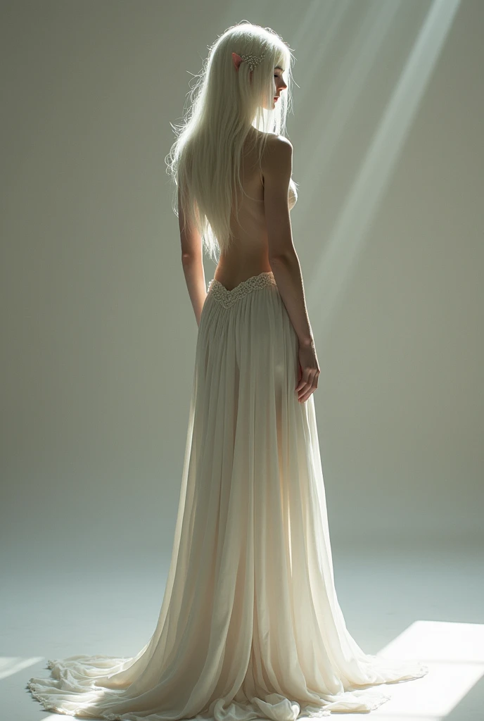 A beautiful white skinned elven empress wearing a loose backless dress , navel, slim body, legs split apart peeing