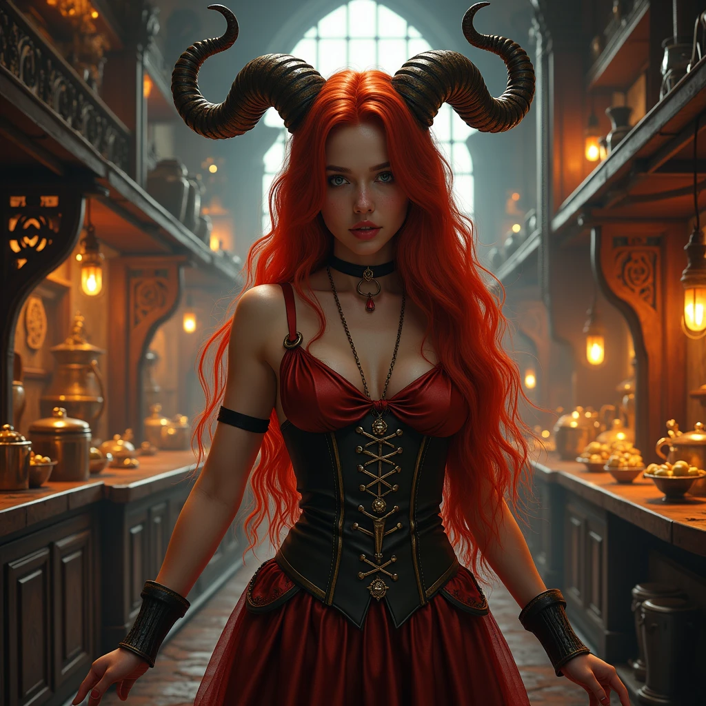 Young redhead woman, Medieval Tales Tavern, Exquisitely crafted and colorful interior, Detailed intense sunrise lightning, Best Geometry, Award-winning masterpiece, Very complex shadows and lighting, Best lighting, Best Shadow, Complex and busy setup, artステーションで話題, Global Illumination, Self-luminous, Bioluminescence, Mid-Journey Style, art:Albert Bierstadt、Portraiture, Long Hair, Gray Hair, Golden Eyes, One girl, head, face, Magical girl, absurdes, masterpiece, Highest quality, Magical girl costume, ((Magical girl)), short hair, Devastation, Remains, Dynamic pose, Apocalypse, Spell casting, Style-Glass, Full Body Shot、masterpiece, Highest quality, One girl, Giant Tall h○rns, l○ungewear, Long Red hair, Red Eyes, Long hair, : Sunburn, tw○-t○ne backgr○und, fantasy ○f terr○r