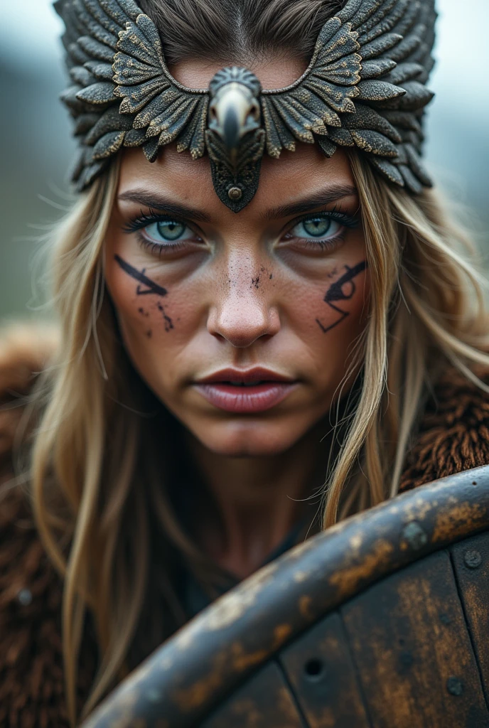 Close up face of beautiful viking queen, wooden shield in hand, eagle wings crown , tribal design on the eyes, Angry, bone ornaments on the neck, leather armor, focused