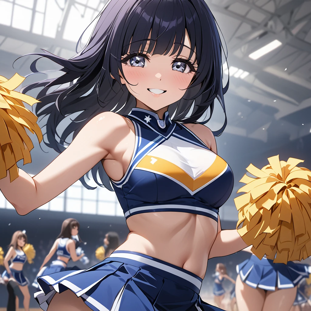 ((Highest quality)), ((masterpiece)), (detailed), （Perfect Face）、The woman is Reika Aoki with semi-long hair、The woman is wearing a sexy, attractive and provocative cheerleading costume and dancing the cheerleading with a smile.