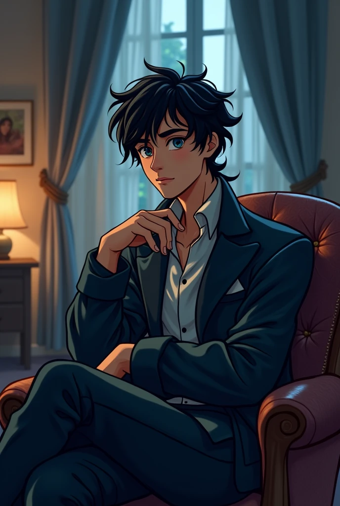 Cartoon image of a wise and majestic black-haired young man sitting on a chair in a quiet, dimly lit room