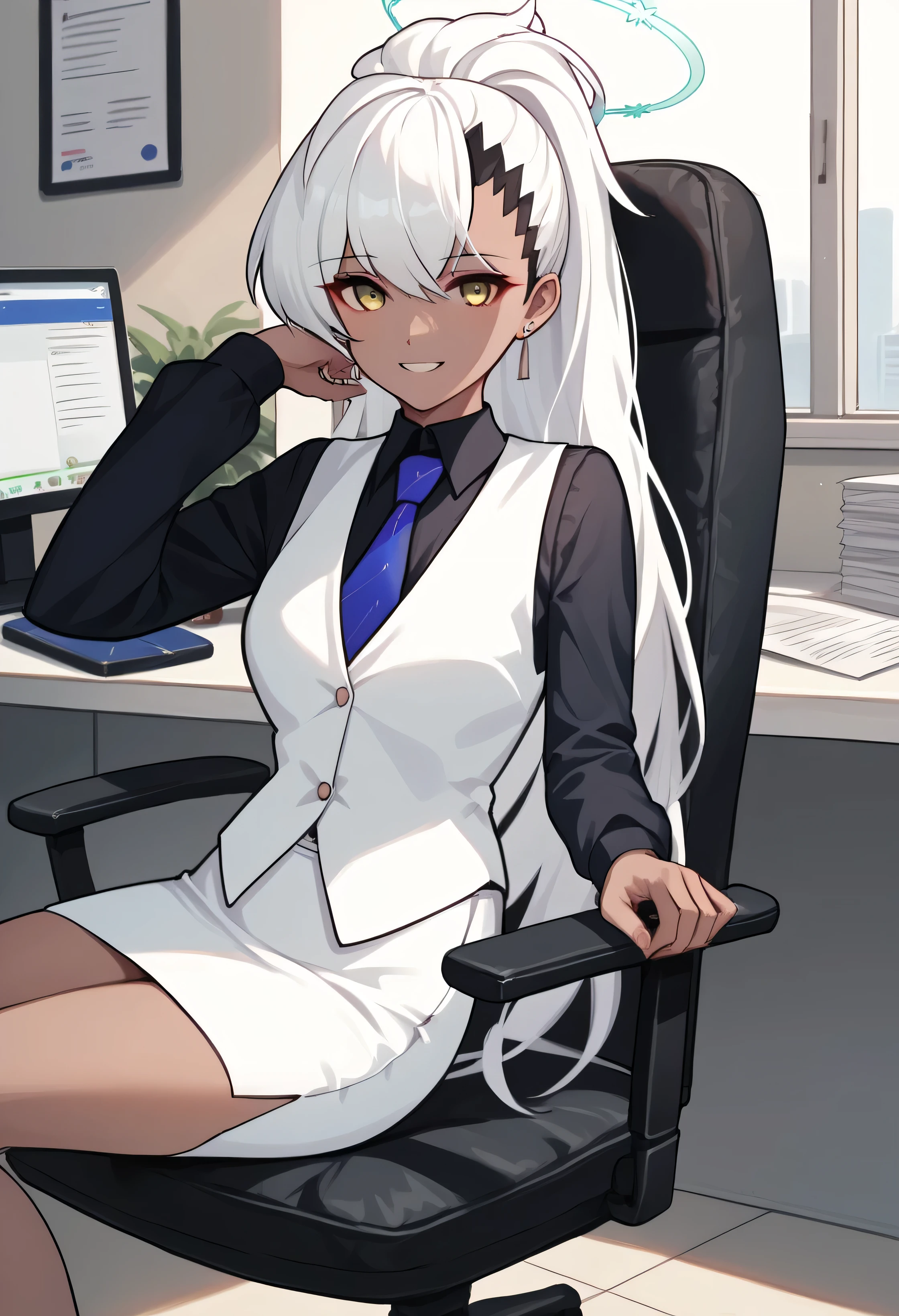 score_9, score_8_up, score_7_up, source_anime, solo, 1girl, bahaine, dark skin, smile, looking at viewer, sitting, swivel chair, ponytail, halo, white vest, black shirt, collared shirt, blue necktie, long sleeves, white skirt, skirt suit, suit jacket, blazer, waistcoat, pencil skirt, earrings, indoors, office