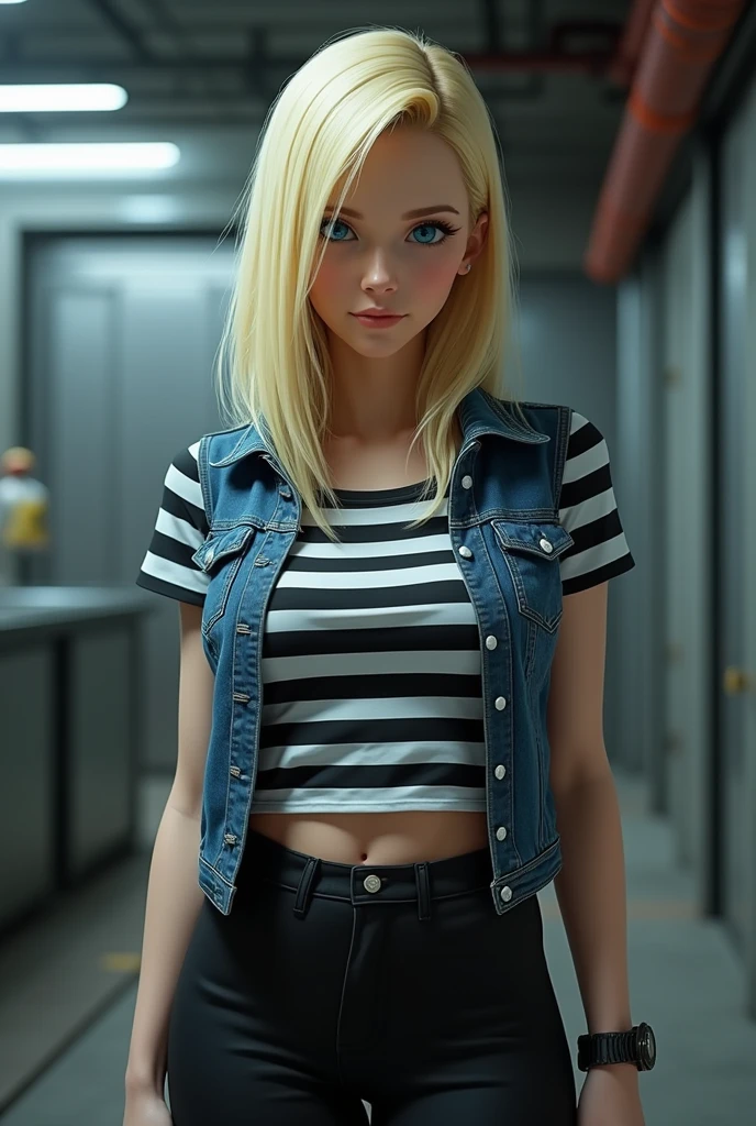 「Dragon Ball Z」Create a realistic and photorealistic image of Android 18 in。she、She has straight, shoulder-length blonde hair and piercing blue eyes.、Depicted as a stunningly beautiful woman。Her expression is calm and confident.、Smiling slightly。she、Reflecting her iconic outfit、Wearing a denim vest over a black and white striped shirt、Wearing tight black pants。Her skin turns pale、Perfect、It has a slightly cool hue。Background、With metallic textures and soft lighting that accentuate her features.、Should be in a modern, industrial setting。The overall atmosphere is intense and slightly futuristic.、It captures her strong and calm demeanor.。
