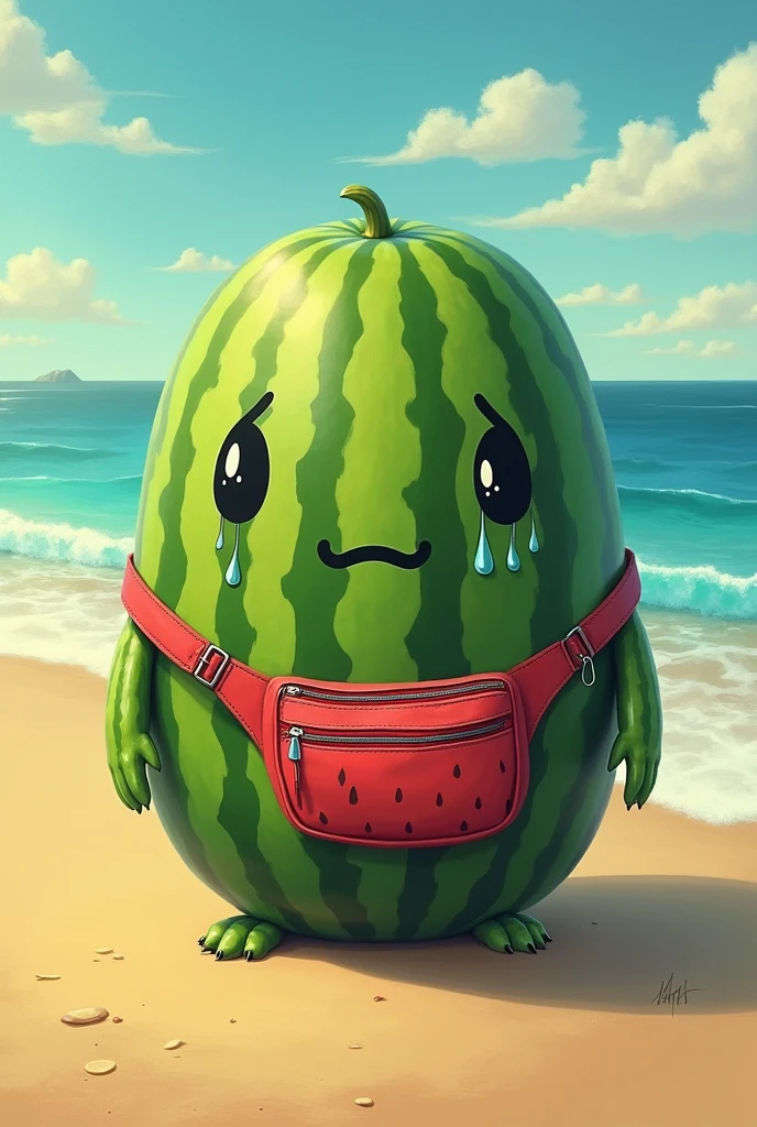 A crying watermelon with a fanny pack on its waist on the beach