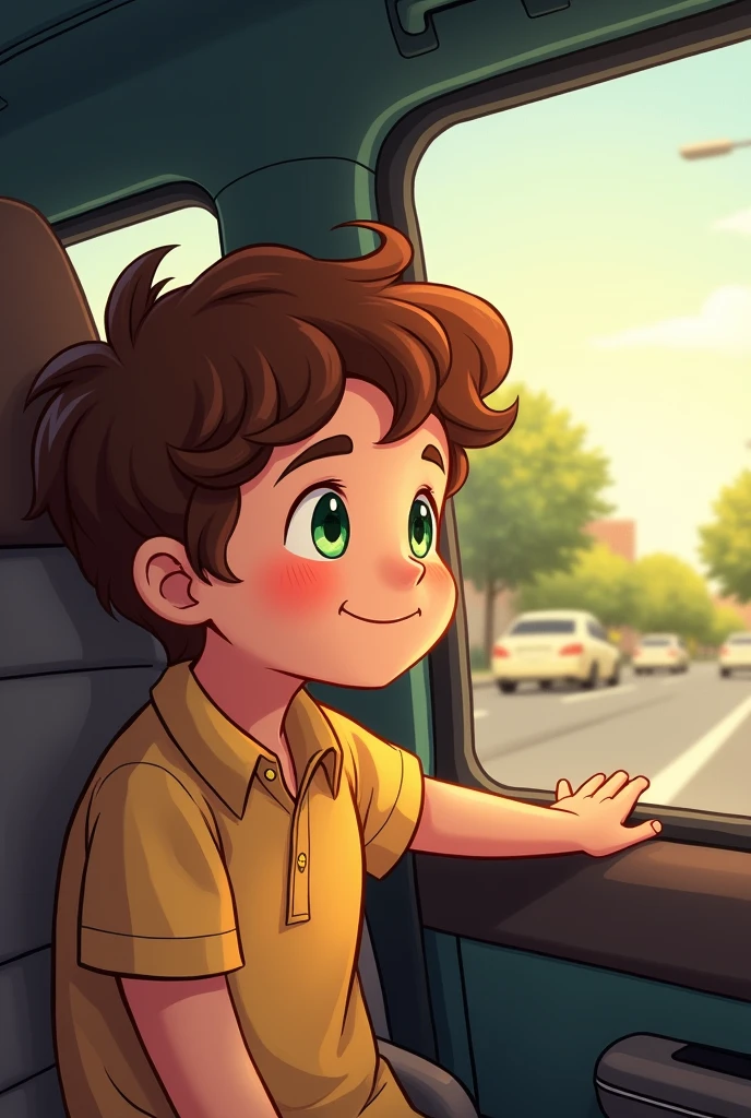Drawing of a boy looking out the window with brown hair, green eyes and pretty round cheeks who is happy with her mother in the car on the way home because her toothache is gone since she went to the dentist