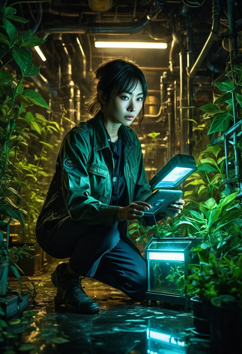 Genius botanist lady ducktail Misaki, she crouching behind an elaborate metal device, holding a tablet with incriminating data, and in her other hand a weapon she holds a standard flashlight, A futuristic secret laboratory, rows of glowing cylindrical containers filled with rare clematis, bioluminescent plants emitting an eerie blue-green light, Alarms blinking red, steam hissing from pipes, floor reflective, holographic display showing molecular structure of plants, vial of liquid glowing in foreground, exit sign illuminated in distance, cinematic action scene composition, saturated colors, lens flare, ultra-detailed, intricate detail Highly Detailed Eyes, Faded, 16K resolution, RAW, Nikon Z9, Creative, Masterpiece, Fantasy, High Definition, High Quality, 8k, Realistic, Dramatic Lighting, Soft Focus, Digital Illustration, Intricate Mechanics, Advanced Techniques, Dark Background Cinematic, High Contrast, High Contrast Atmosphere, (Best Quality, 4k, 8k, High Definition, Masterpiece: 1. 2), Ultra-Detailed, (Realistic, Graphic, Photorealistic: 1. 4) -- No Glass --AR 16:9 --Stylize 1000