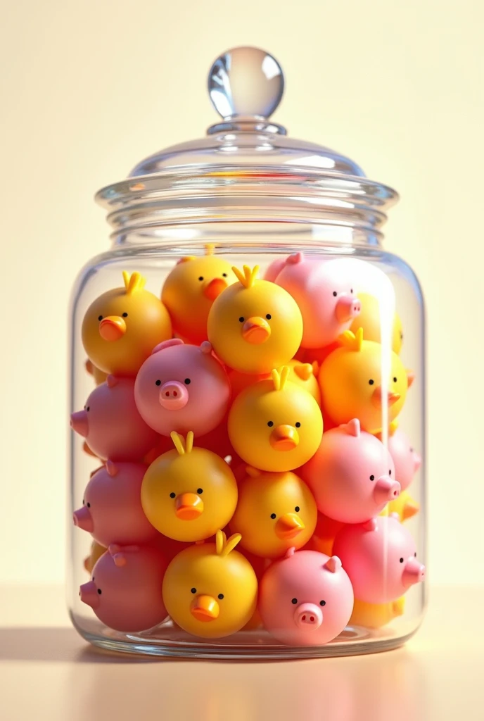 Make a transparent candy jar using Pixar style，The content is expected to include candies shaped like little yellow chickens and candies shaped like little pink pigs.，No need for body in modeling，No background required，To be used as a logo，And the candy jar, I hope it&#39;s crowded inside.，The little yellow chicken and the little pink pig want their faces to be squeezed into the glass jar，Remember, the little yellow chicken should not have a pig nose on its face，The little pink pig&#39;s face should not have a chicken&#39;s mouth. The candy jar should be filled with candies.
