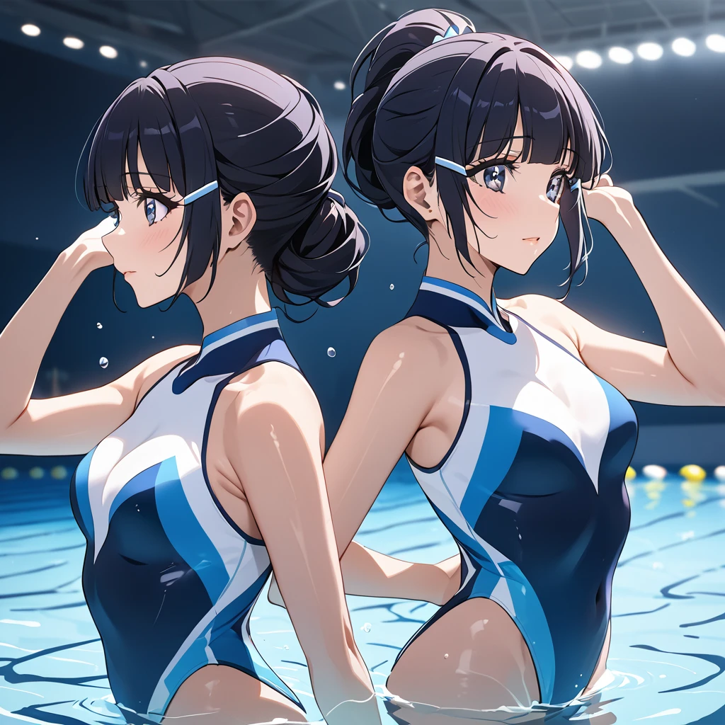 ((Highest quality)), ((masterpiece)), (detailed), （Perfect Face）、The woman is Aoki Reika, with medium-long hair, a swimming nose clip, and makeup for synchronized swimming.、The woman is wearing a gorgeous and glamorous synchronized swimming costume and is doing synchronized swimming.