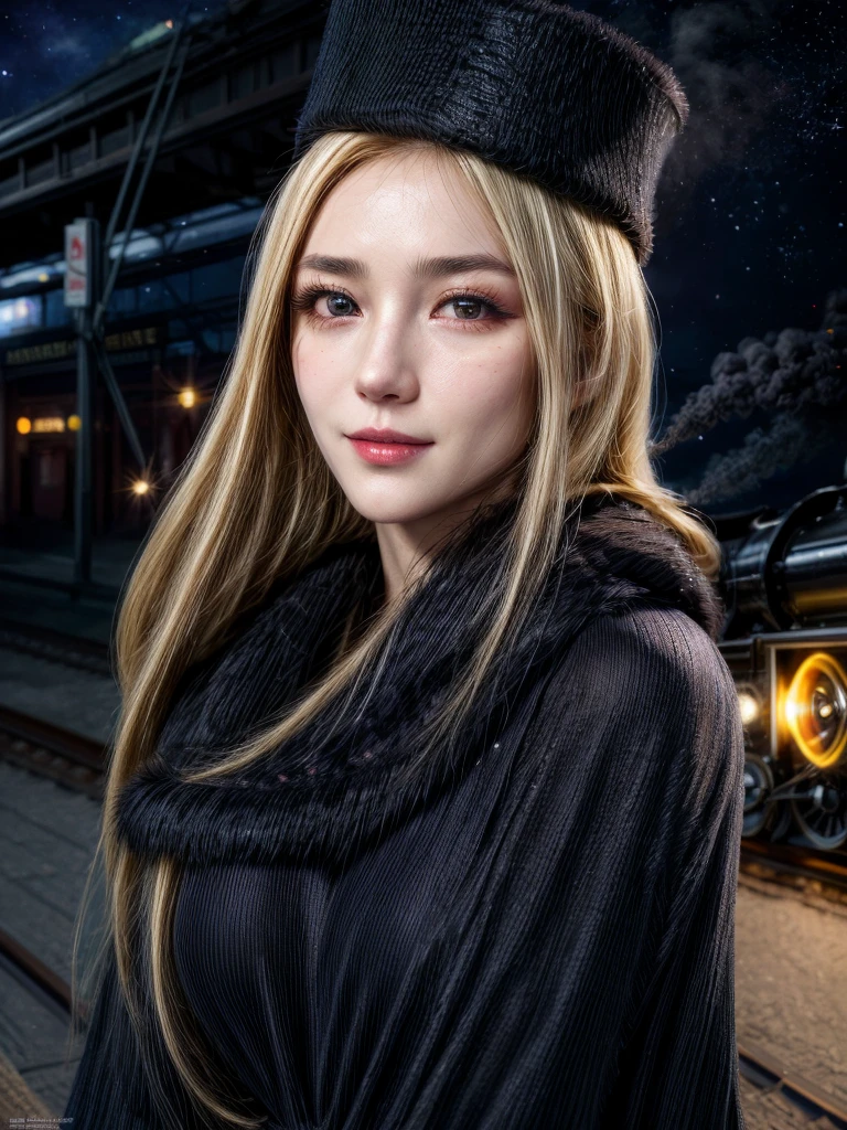maetel, long hair, blonde hair,fur trim, black headwear, fur hat, dress,(cowboy shot:1.1), yellow eyes, (luggage:1.1), steam (train station:1.1),station platform, night, galaxy,999
best quality, highly detailed, masterpiece, absurdres,8k, (detailed eyes, deep eyes),photorealistic, realistic,detailed skin texture, detailed pupils,HDR,
1woman,(happy:1.1),smile, (angular face:1.2),shiny face,large breasts, (narrow waist:1.1), lip makeup,long eyelashes