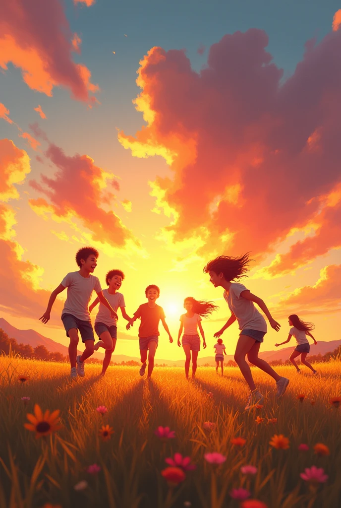 agers playing in a yellow field on a late afternoon orange sunset