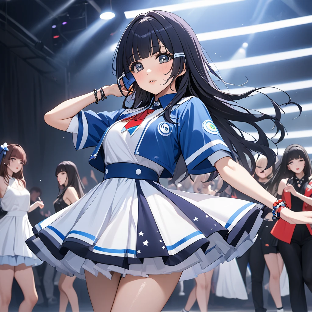 ((Highest quality)), ((masterpiece)), (detailed), (Perfect Face)、The woman is Aoki Reika, has medium-long hair and is a member of a Korean K-POP girl group.、The woman is wearing a cool costume from a Korean K-POP girl group and dancing a K-POP dance with grace and coolness.