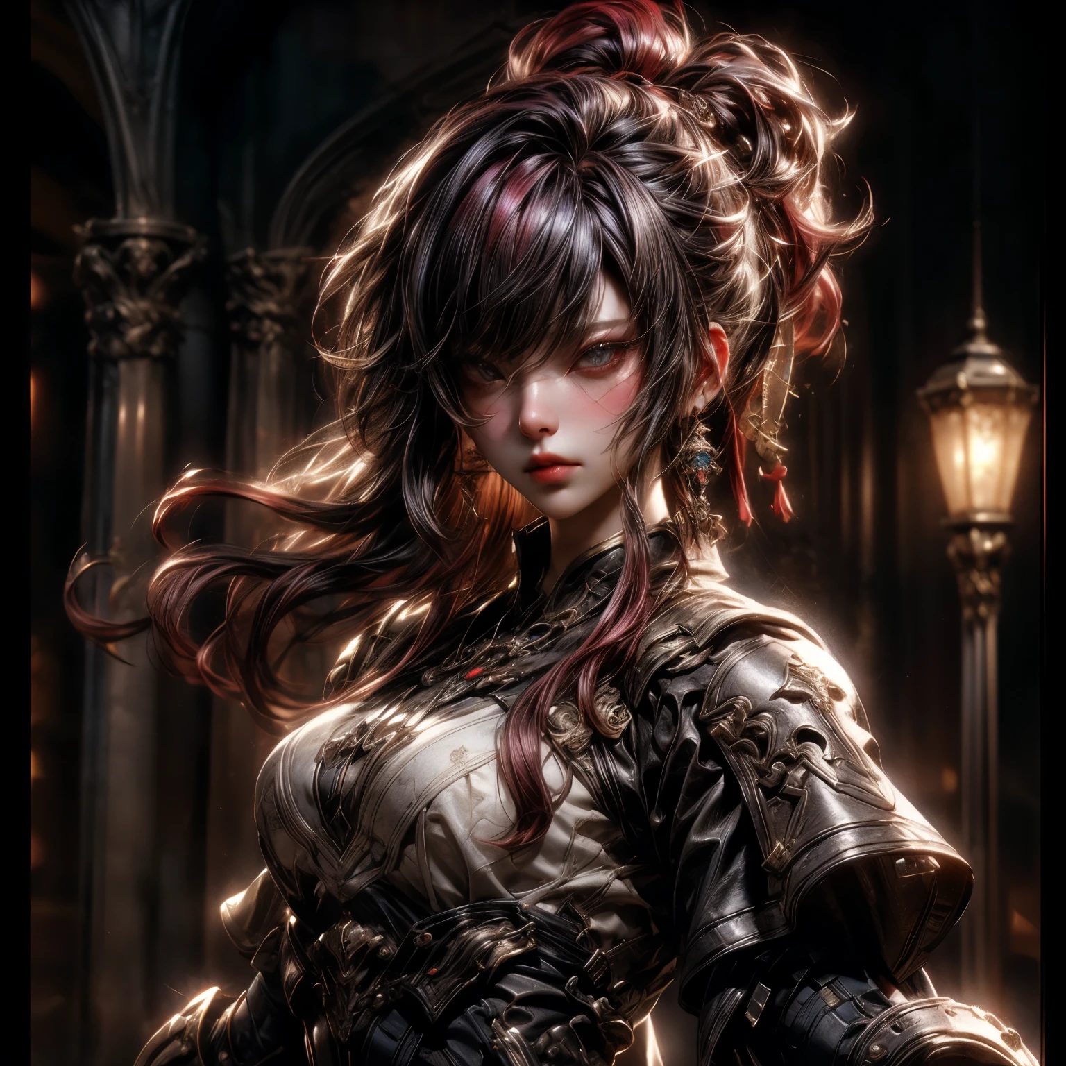 (best quality)), ((Masterpiece)), (details:1.4), 3d, HDR (high dynamic range), an image of a beautiful cyberpunk female, Medieval, Fantasy, Red hair, Curtain Bangs, Beautiful White eyes, จมูกโด่ง, ปากแดง, หน้าอกใหญ่, nvidia RTX, PBR surface, After processing, Anisotropic filtration,depth of field, Maximum clarity and clarity, multi-layered surface, Subsurface scattering, perfect proportions, 8K raw files, ultra detailed, Perfect proportions, volumetric lighting, soft lighting, Holy Paladin, Heavy Black Armor, Red dress, glossy skin, intricate Silver embroidery, Castle Hall background, jewely, ต่างหู, นิ้วมือสมบูรณ์,