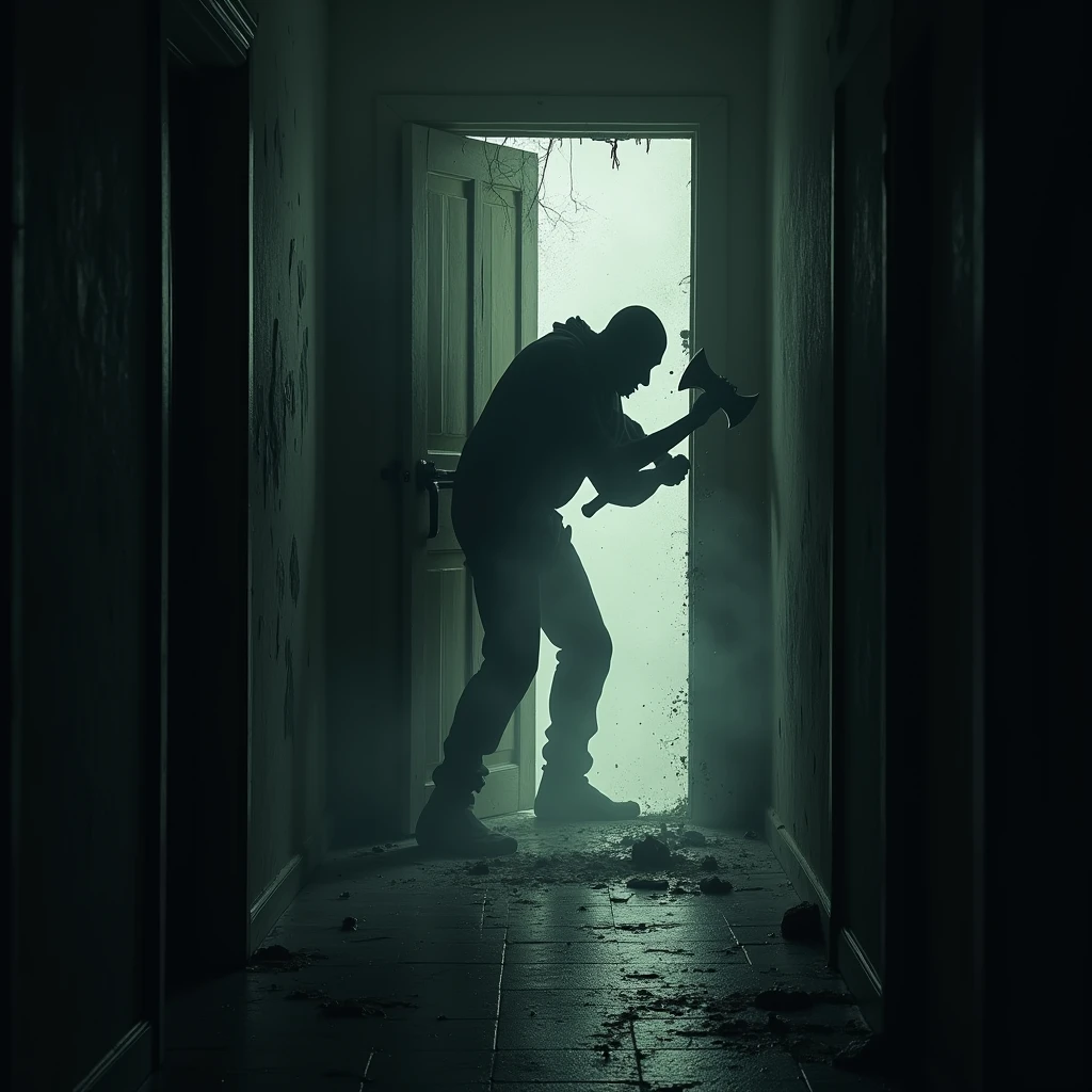 No poorly lit corridor, a man-shaped shadow writhes with unbridled fury. Its dark outline is illuminated only by a flickering light, creating a ghostly effect as the figure swings a heavy axe with inhuman violence. Every knock on the door echoes through the hallway, the sound of cracking wood echoing like a desperate scream. The shadow seems to grow with each impact, his anger manifesting itself in wild and uncontrolled movements, as if possessed by a primitive hatred. The narrow corridor amplifies the tension, with the sound of the axe smashing the door mixing with the muffled sound of the figure's heavy breathing. The atmosphere is charged with a sense of impending doom, each blow bringing the shadow closer to breaking through the fragile barrier that separates it from its prey.