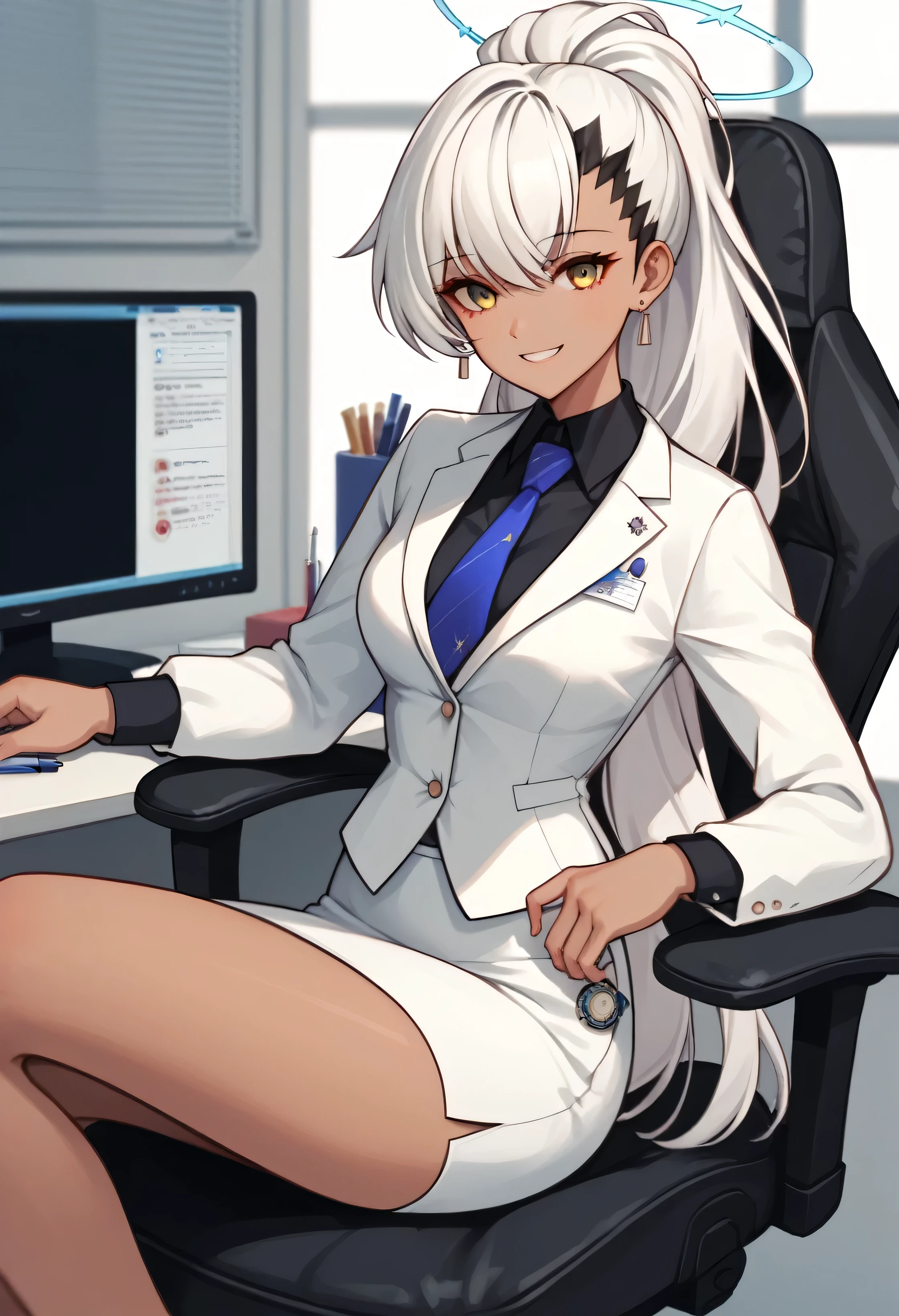 score_9, score_8_up, score_7_up, source_anime, solo, 1girl, bahaine, dark skin, smile, looking at viewer, sitting, swivel chair, ponytail, halo, white vest, black shirt, collared shirt, blue necktie, long sleeves, white skirt, skirt suit, suit jacket, white blazer, waistcoat, pencil skirt, earrings, indoors, office, suit jacket over waistcoat