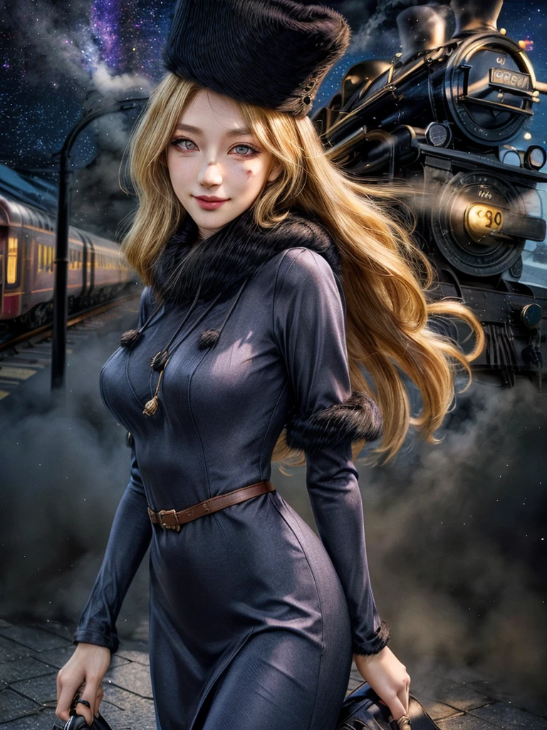 maetel, long hair, blonde hair,fur trim, black headwear, fur hat, dress,(cowboy shot:1.1), yellow eyes, (luggage:1.1), steam (train station:1.1),station platform,  night, galaxy,999
best quality, highly detailed, masterpiece, absurdres,8k,   (detailed eyes, deep eyes),photorealistic, realistic,detailed skin texture, detailed pupils,HDR,
1woman,(happy:1.1),smile, (angular face:1.2),shiny face,large breasts, (narrow waist:1.1), lip makeup,long eyelashes