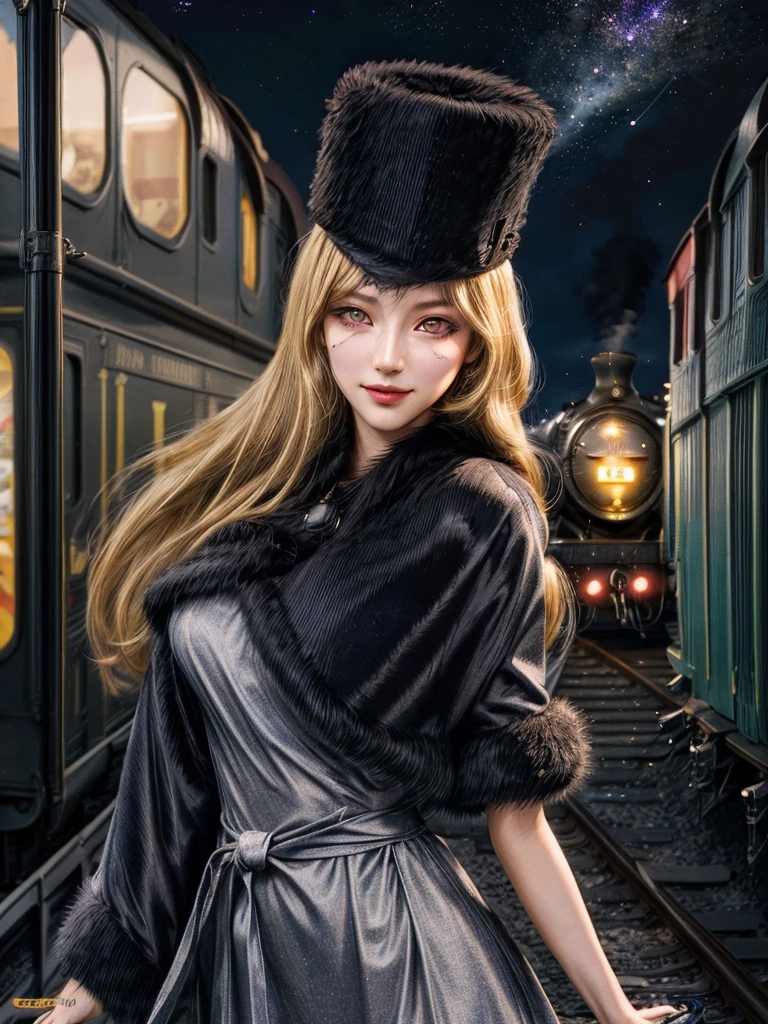 maetel, long hair, blonde hair,fur trim, black headwear, fur hat, dress,(cowboy shot:1.1), yellow eyes, (luggage:1.1), steam (train station:1.1),station platform,  night, galaxy,999
best quality, highly detailed, masterpiece, absurdres,8k,   (detailed eyes, deep eyes),photorealistic, realistic,detailed skin texture, detailed pupils,HDR,
1woman,(happy:1.1),smile, (angular face:1.2),shiny face,large breasts, (narrow waist:1.1), lip makeup,long eyelashes