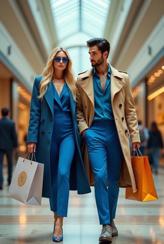 A blonde woman with long straight hair and blue eyes , beautiful blue body in a mall with shopping bags from Luiz Viton , with glasses and a coat and heels , realisitic, and a very handsome man , with coat and shoes and black hair and brown eyes