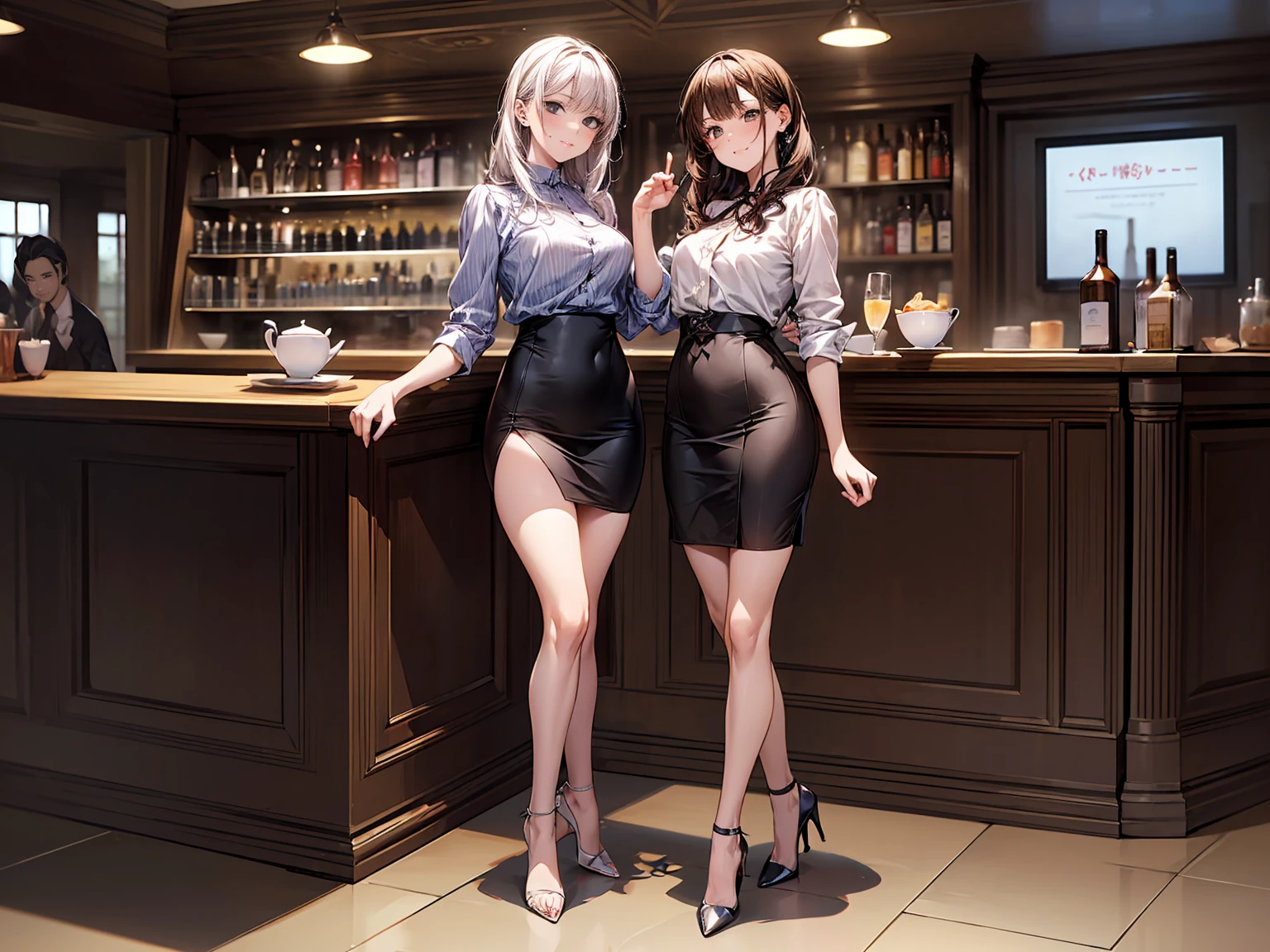 (masterpiece:1.3),(best quality, highest quality),((Full Body Shot,Including face)),girls,4K,masterpiece,((Focus on the face)),((Symmetrical facial features)),Beautiful woman,(slender),((High heels)),Detailed depiction of the face, Cafe ,bar,Casual wear,skirt,Age 25,kawaii, (illustration:1.3),There is a male master at the counter.