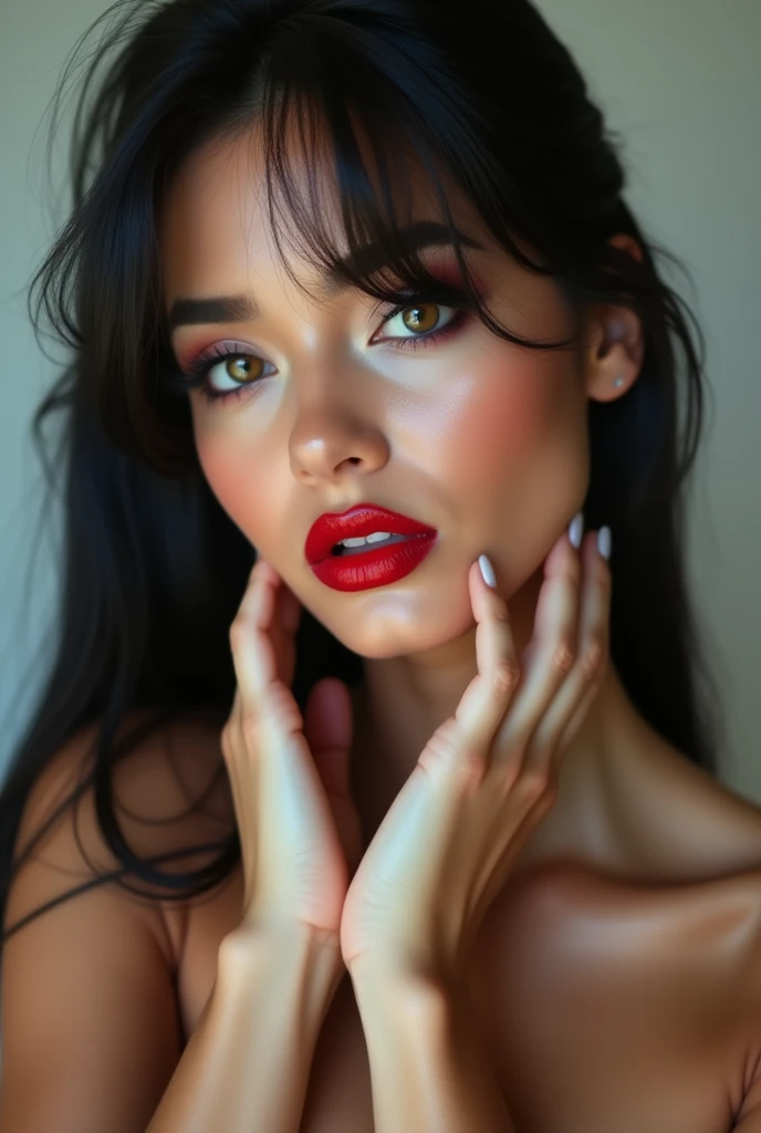 close-up, extreme close-up, close-up portrait, portrait, close-up on her lips, ultra realistic, photography, long black straight hair in a ponytail, elegant perfect hair, (30 years old, hazel eyes, hourglass figure, perfect fit body, natural big breasts), firtatious look, crimson red lipstick, femme fatale, she is a sex icon, she is a sex goddess, long eyelashes, cat-eye make-up, she is completely nude, she is completely naked, focus on her lips, highlight her lips, she has her hands on her neck and her head slightly leans backwards, her eyes focus the camera and her lips are slightly parted, seductive lips